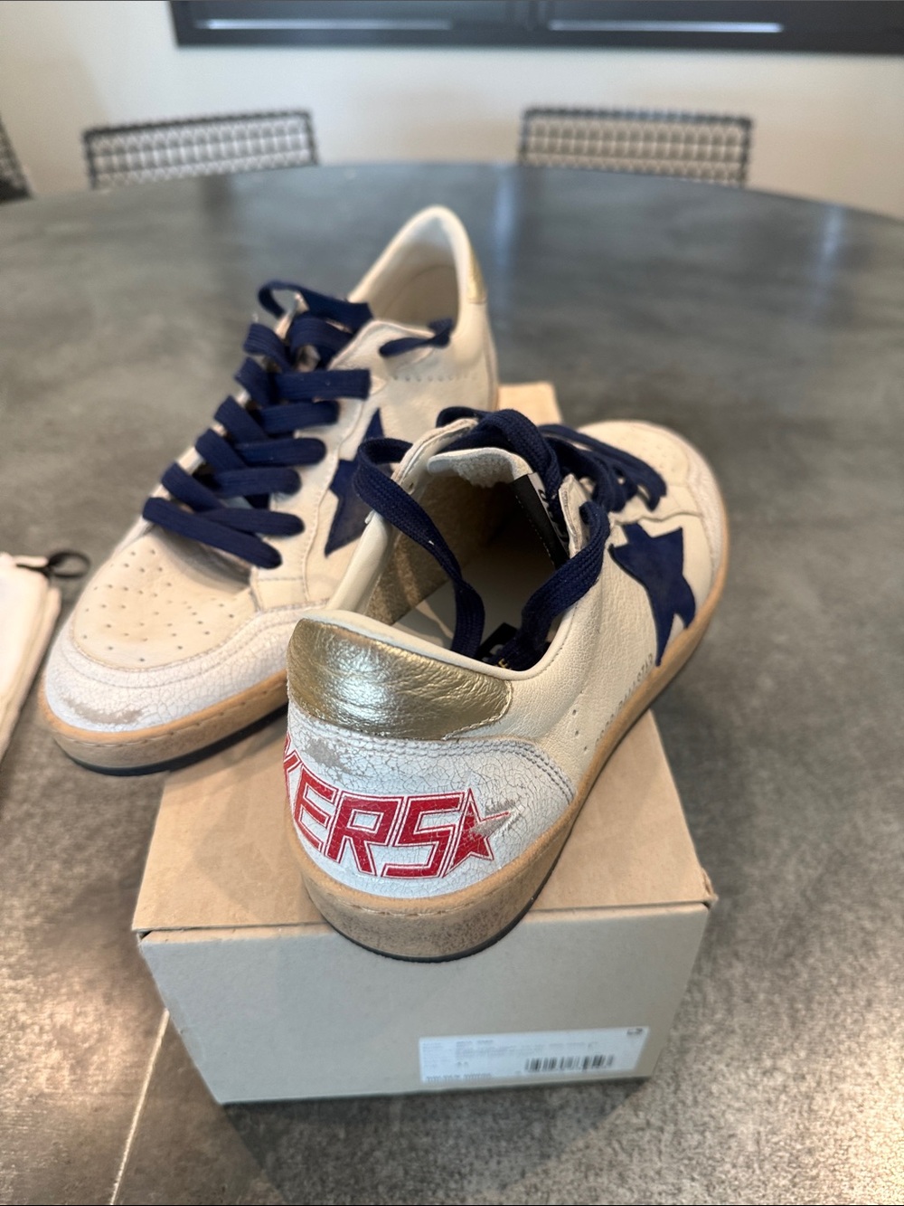 Golden Goose White Sneakers with Navy Star and Gold Heel